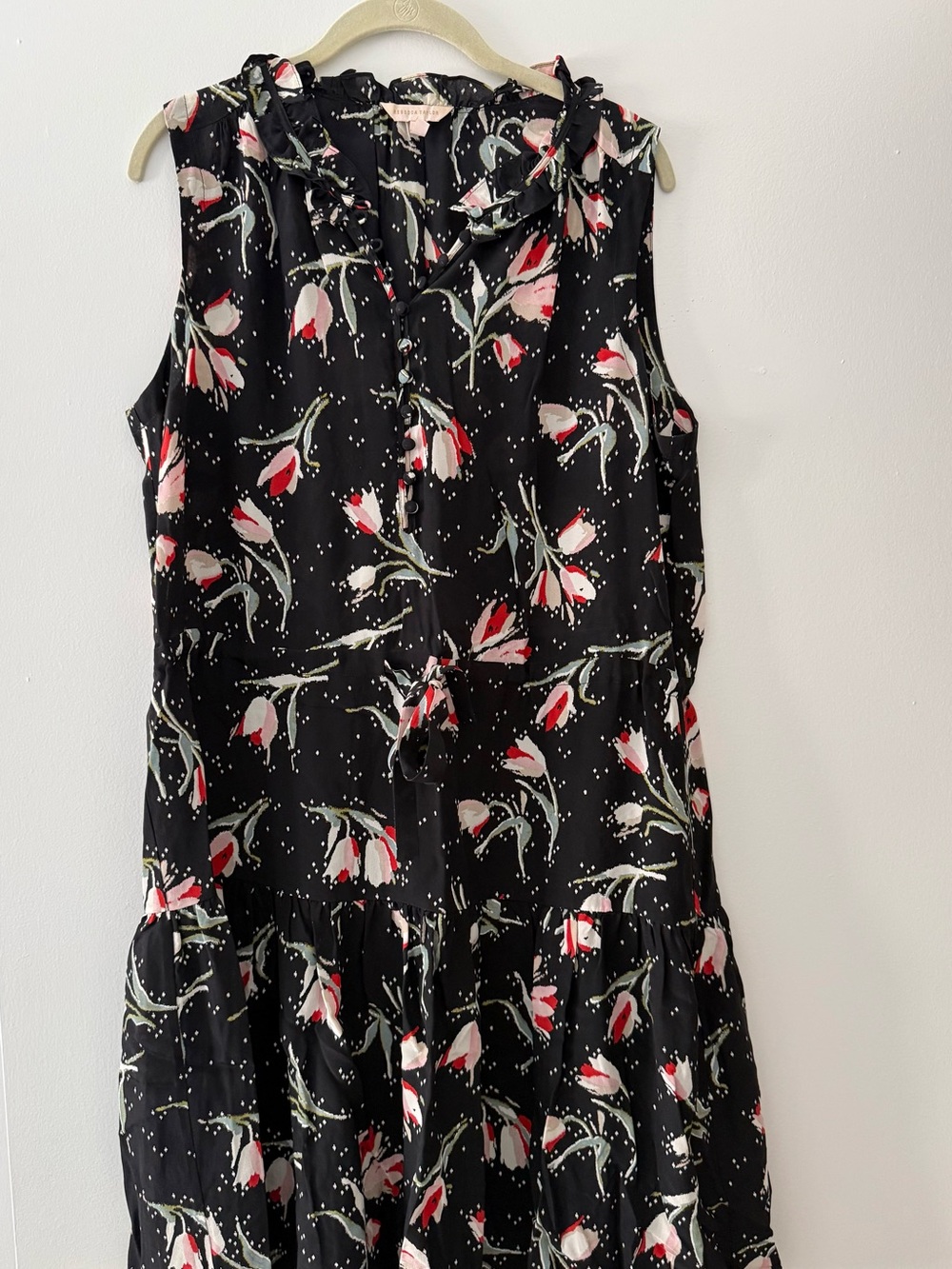 Rebecca Taylor Black Floral Sleeveless Ruffle-Neck Dress